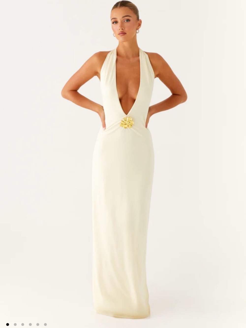 Peppermayo Cream Halter Maxi Dress with Gold Brooch